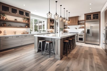 Beautiful kitchen in new luxury home with waterfall island, quartz counter tops, farmhouse sink, and hardwood floors. Generative AI